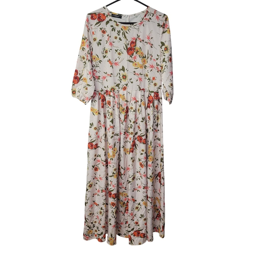 Sheilay Womens Floral Maxi Dress White Long Sleeve‎ Crew Neck Size Large